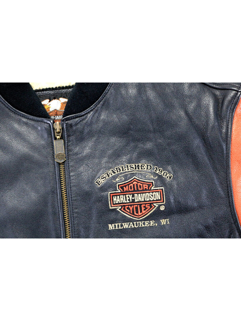 harley davidson bomber jacket L black orange leather Milwaukee WI. bar varsity